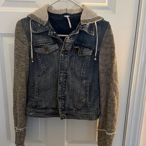Free People Denim Jacket with Gray Knit Sleeves